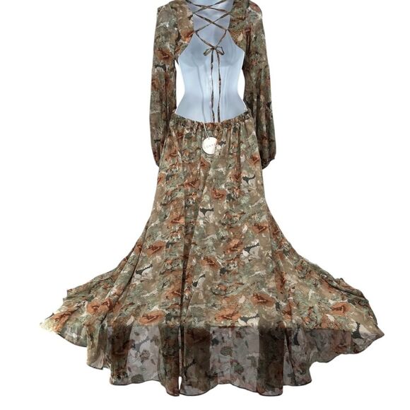 Cut-Out Chiffon Ruffle Trim PrintedWoven Maxi Dress - Picture 7 of 10